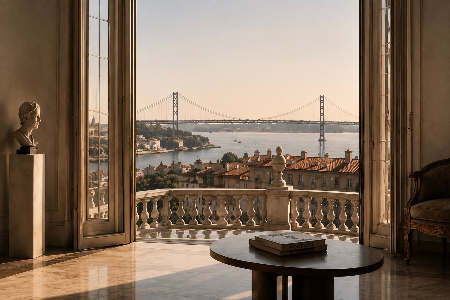 Historic Lisbon interior with a classical bust and stone balcony overlooking the Tagus and 25 de Abril Bridge