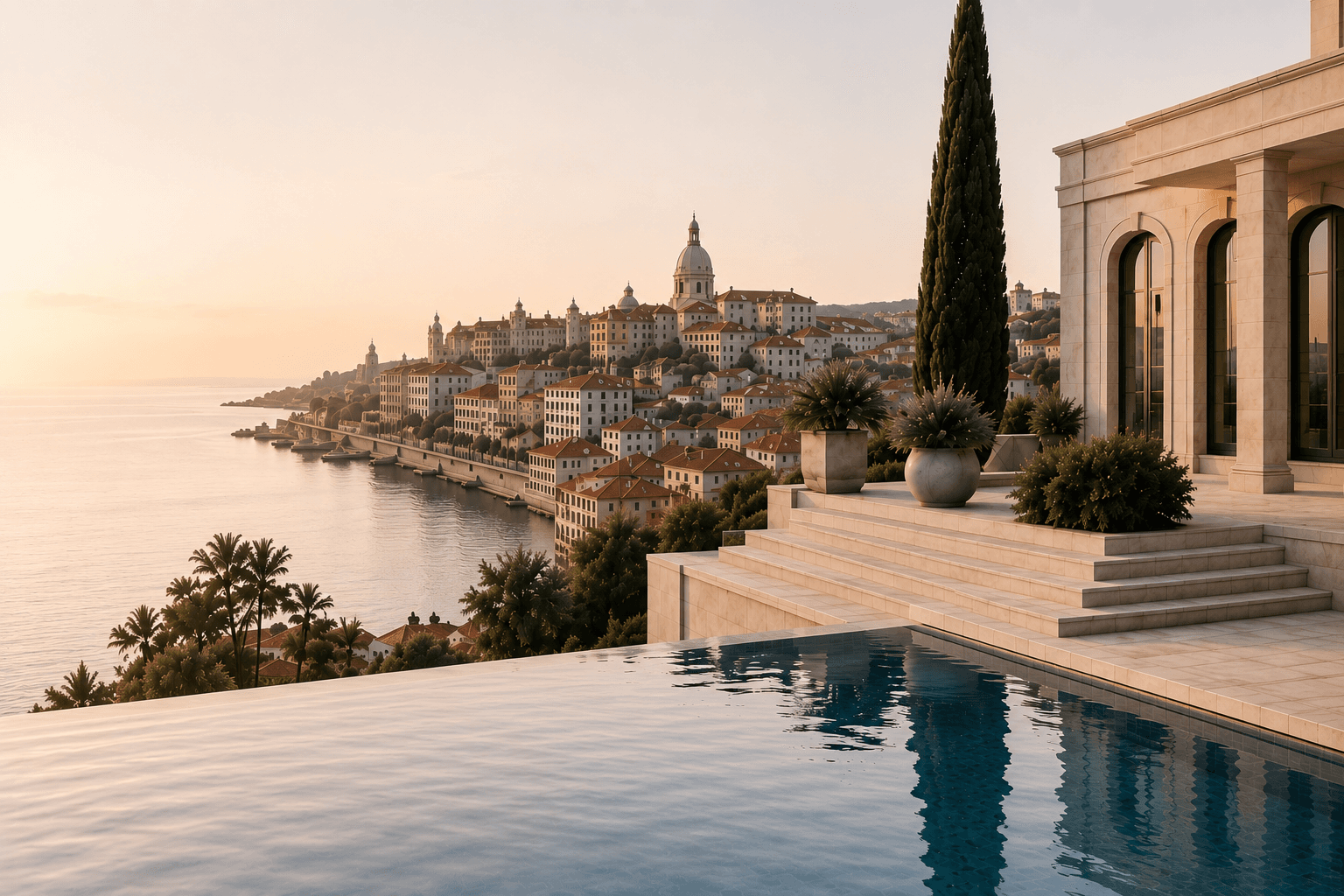 Infinity pool terrace of a contemporary Portuguese villa overlooking a coastal hillside town at dusk