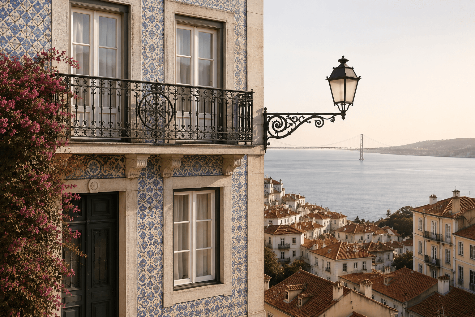 Traditional azulejo-tiled façade with a wrought-iron balcony, stone street lamp and bougainvillea overlooking the Atlantic